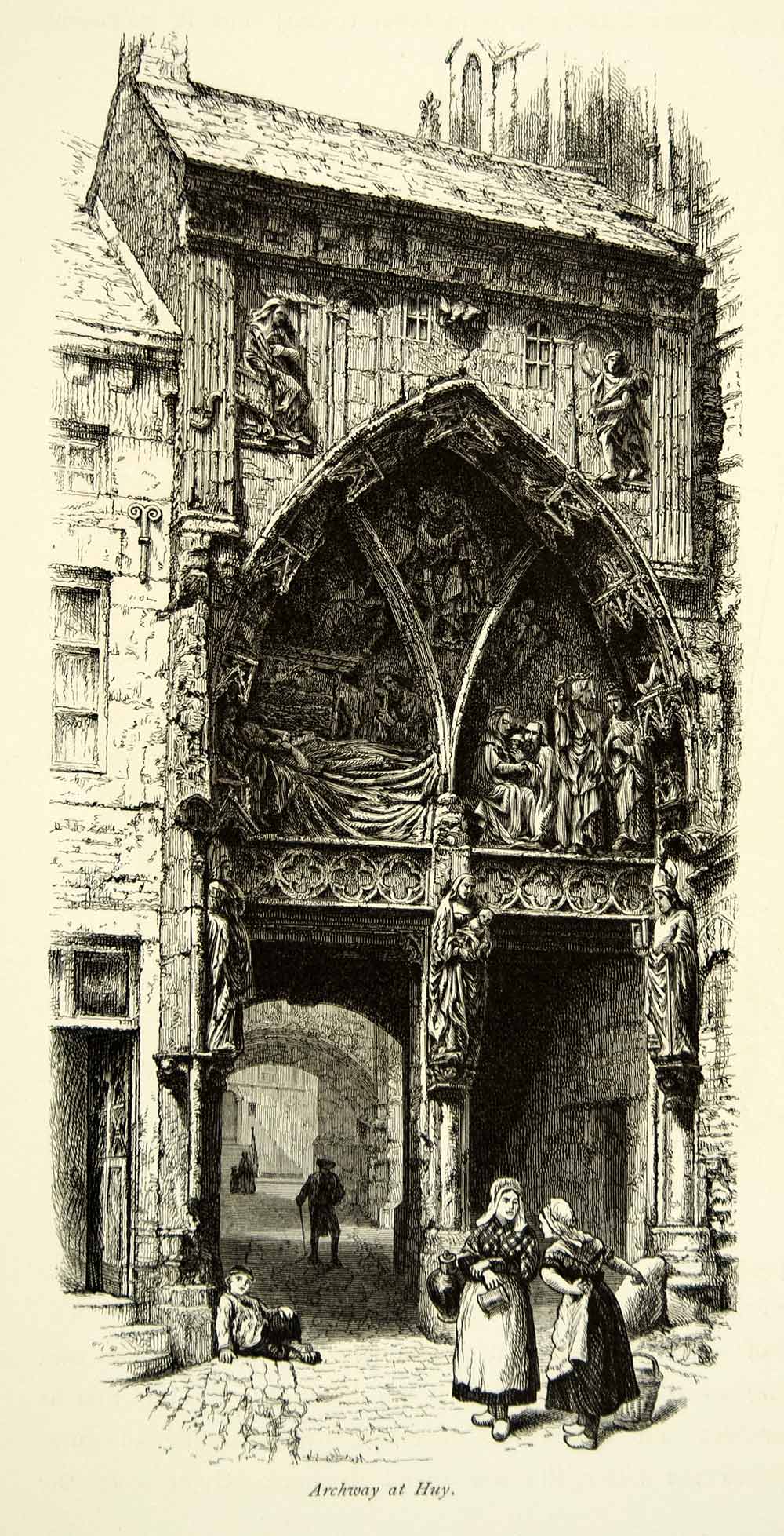 1879 Wood Engraving Art Archway Huy Belgium Europe Architecture Religion YPE4