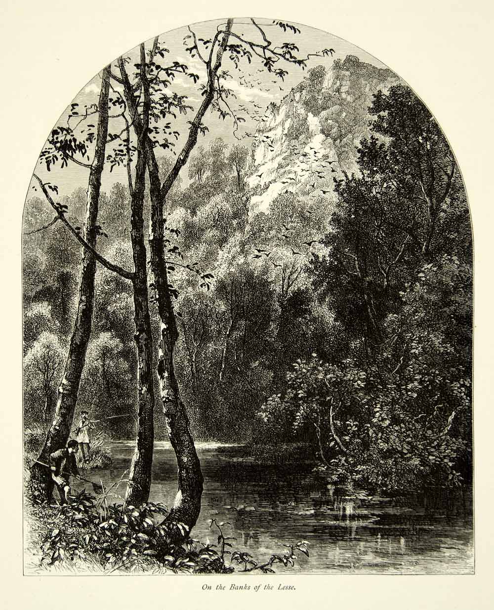 1879 Wood Engraving Art Banks Lesse River Belgium Europe Fishing Forest YPE4