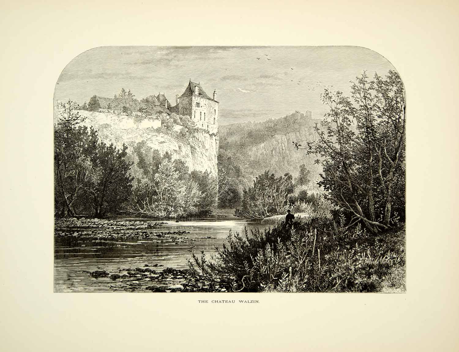 1879 Wood Engraving Castle Chateau De Walzin Belgium Lesse River Edward YPE4