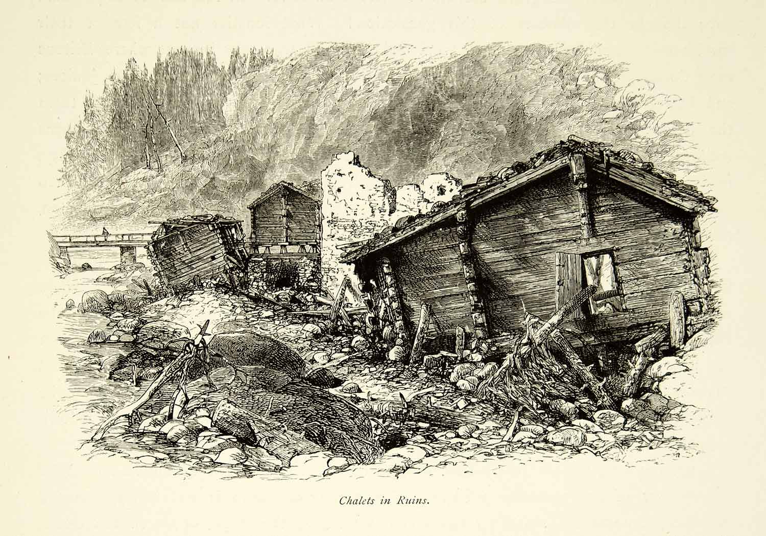 1879 Wood Engraving Art Ruin Chalet Switzerland Alps Mountains House YPE4