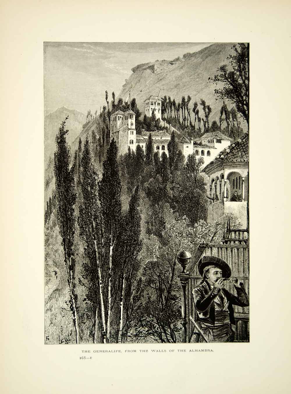 1879 Wood Engraving Alhambra Edward Whymper Art Granada Spain Palace YPE4
