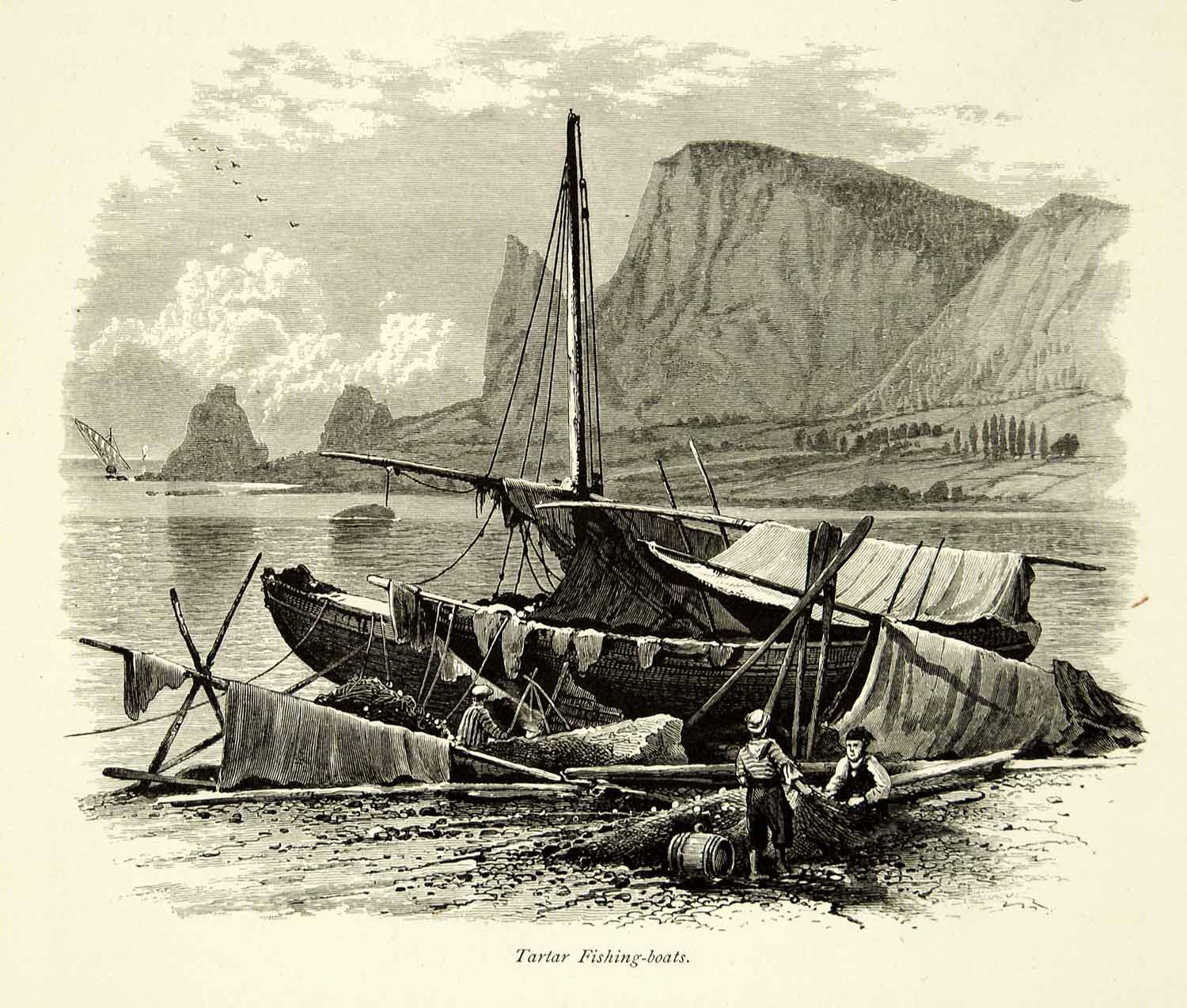 1879 Wood Engraving Art Tartar Ethnic Fishing Boat Russia Europe Sailing YPE4
