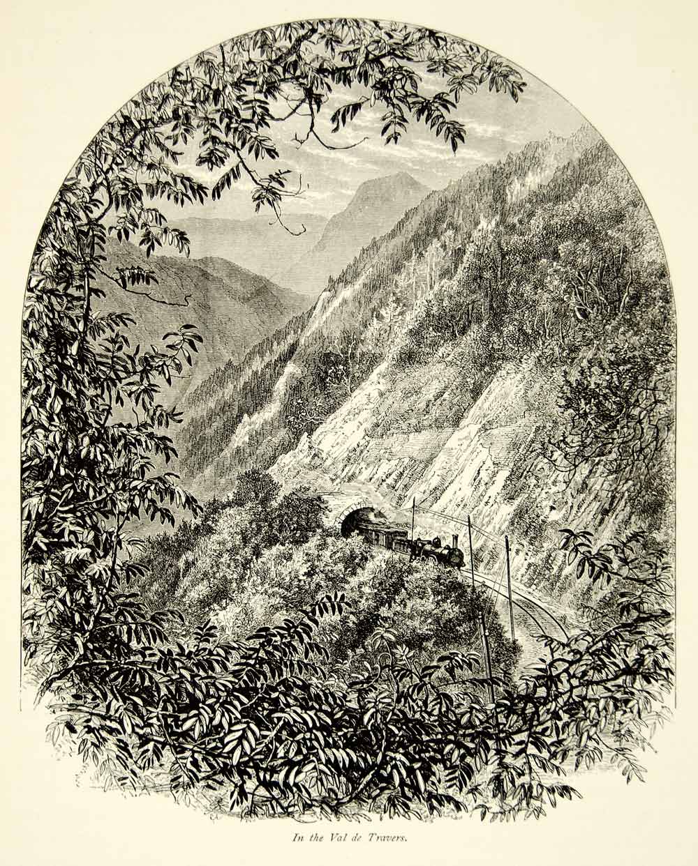 1879 Wood Engraving Art Jura Mountains Switzerland Val De Travers Railroad YPE4