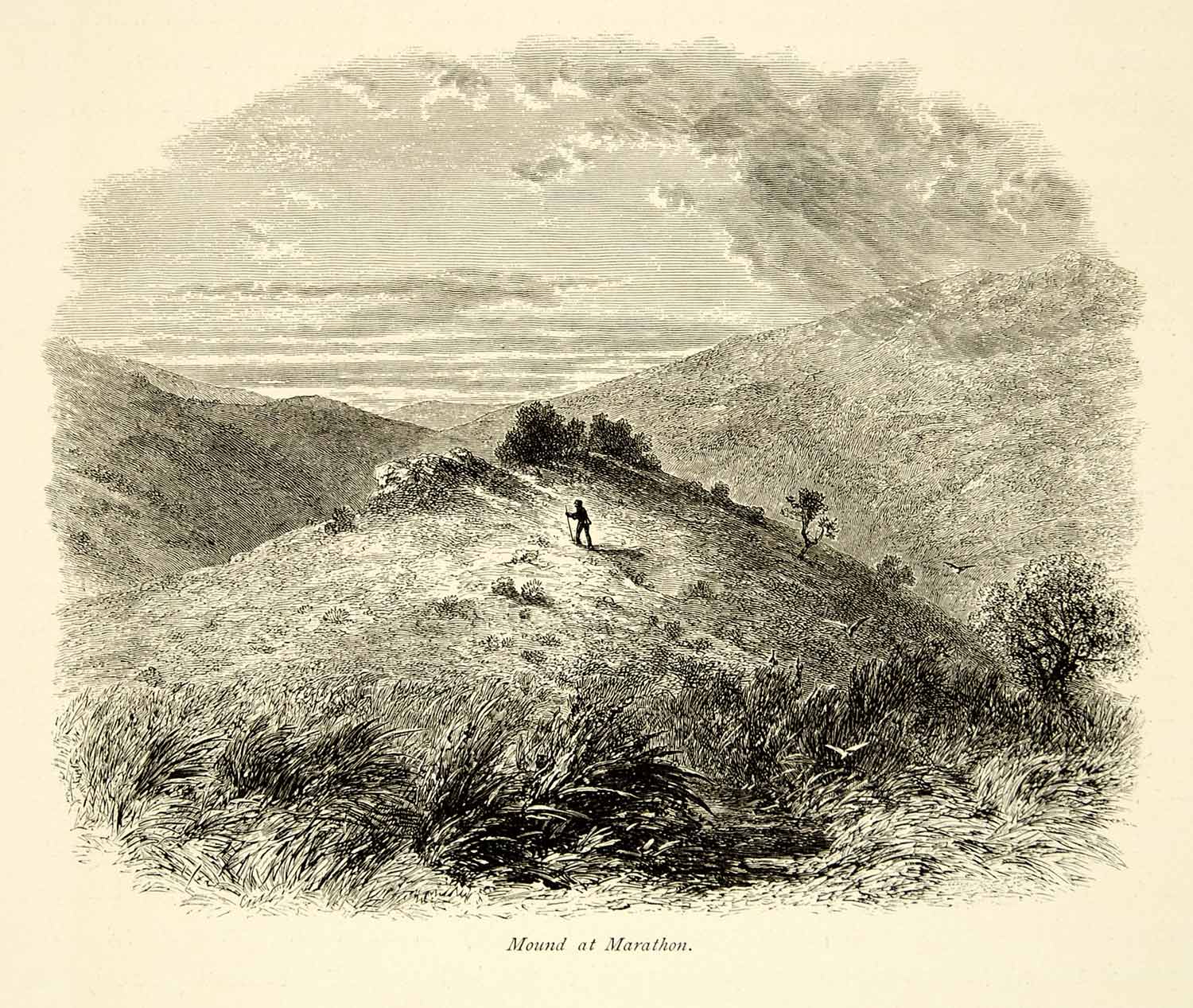 1879 Wood Engraving Edward Whymper Art Burial Mound Marathon Greece Europe YPE4