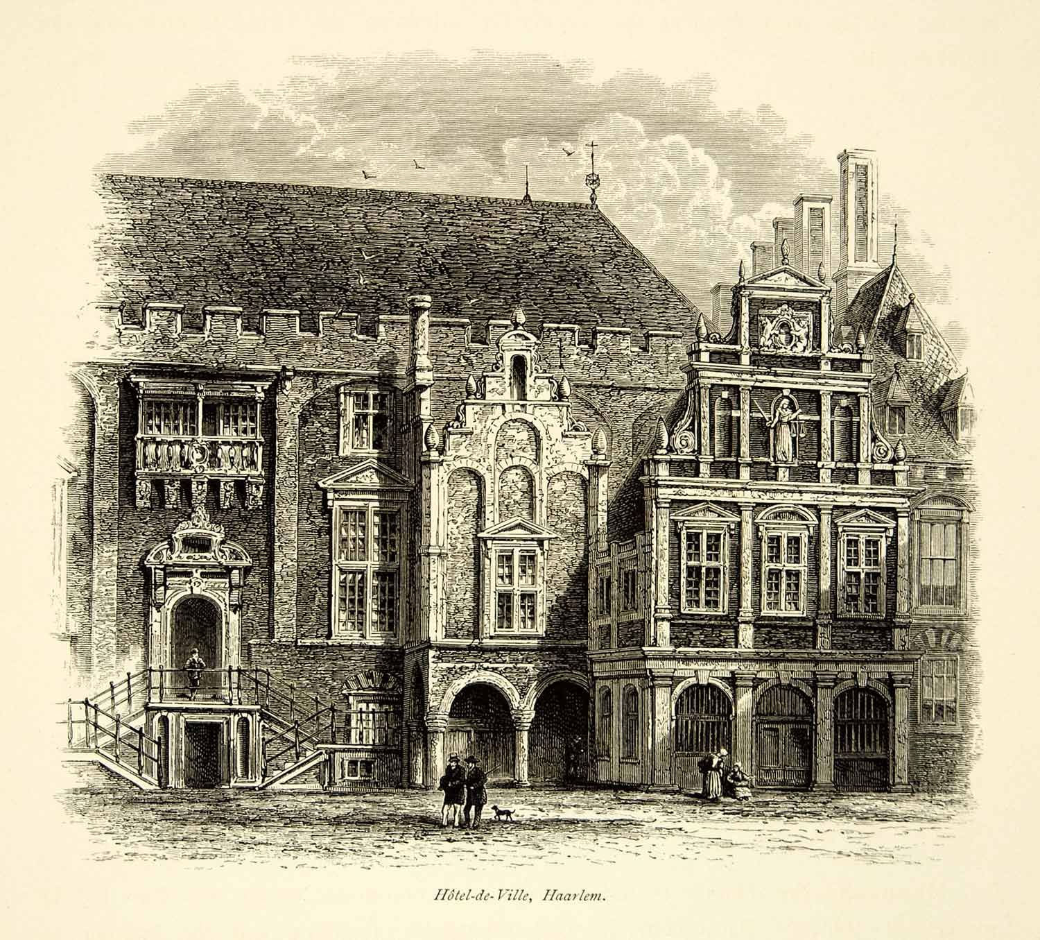 1879 Wood Engraving Art Hotel De Ville Haarlem Holland Netherlands Grote YPE4