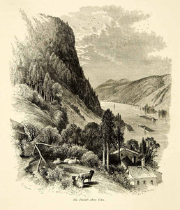 1879 Wood Engraving Edward Whymper Art Danube River Valley Linz Austria YPE4