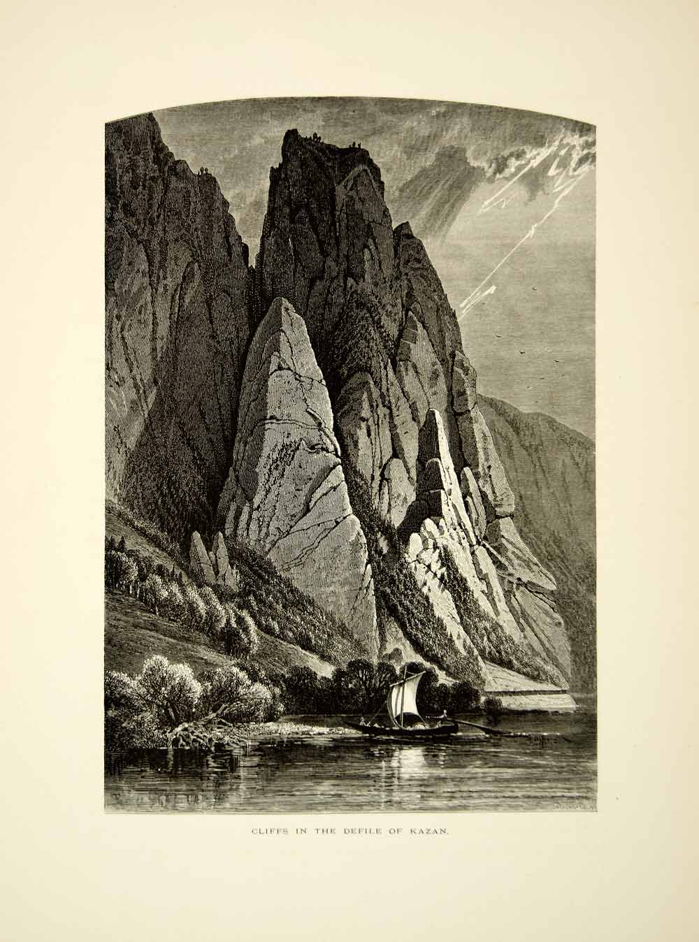 1879 Wood Engraving Edward Whymper Art Danube River Cliffs Iron Gates Sail YPE4