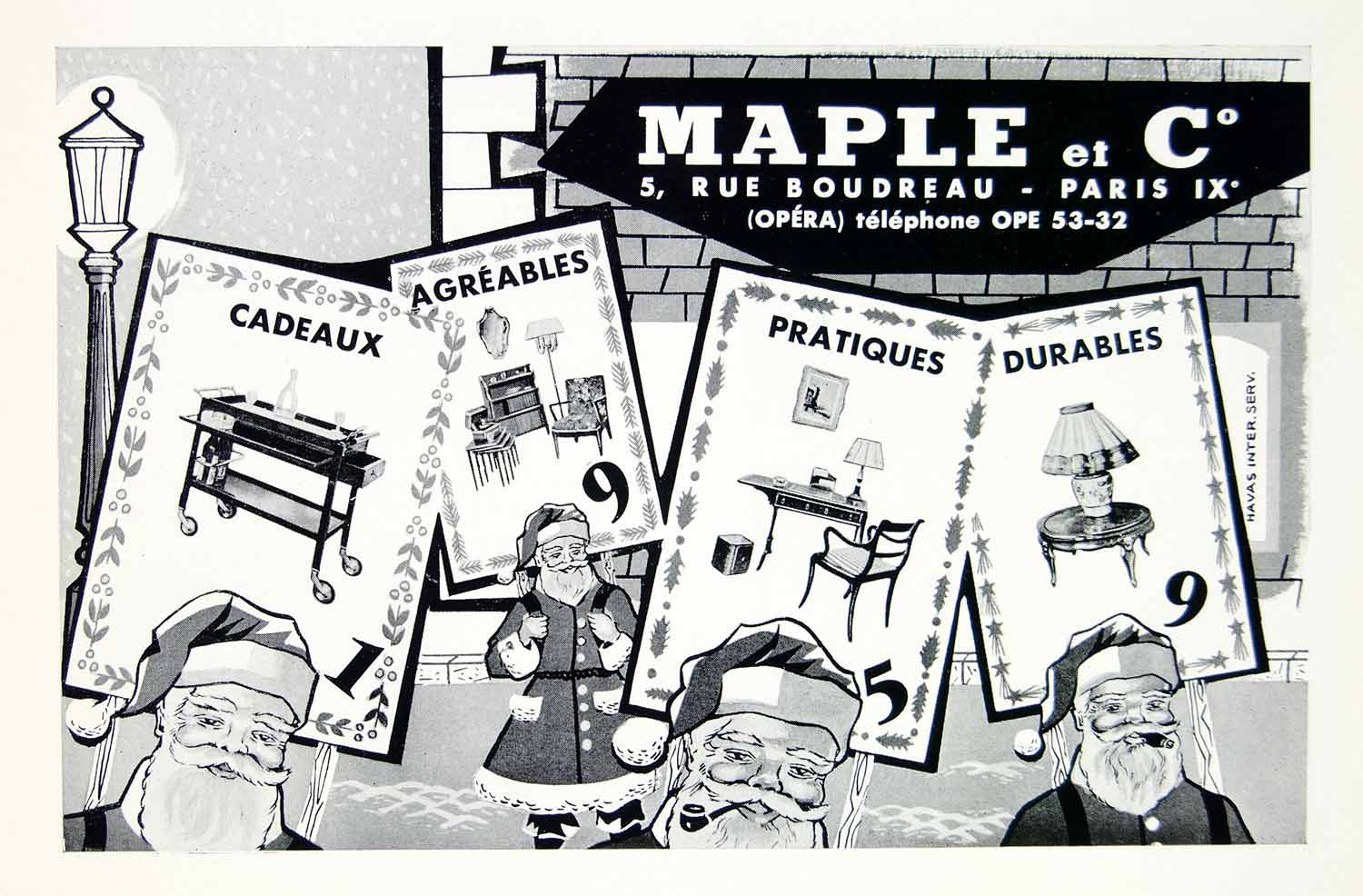 1958 Ad Santa Clause Maple Company Paris France Rue Bourdeau Furniture Gift YPF1