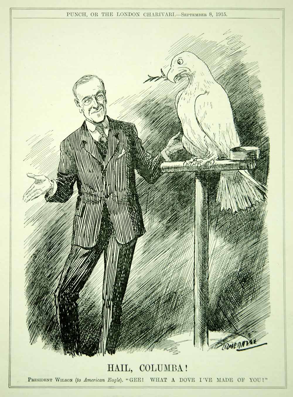 1915 Engraving WWI Cartoon PUNCH President Wilson Eagle Dove U. S. Iso ...