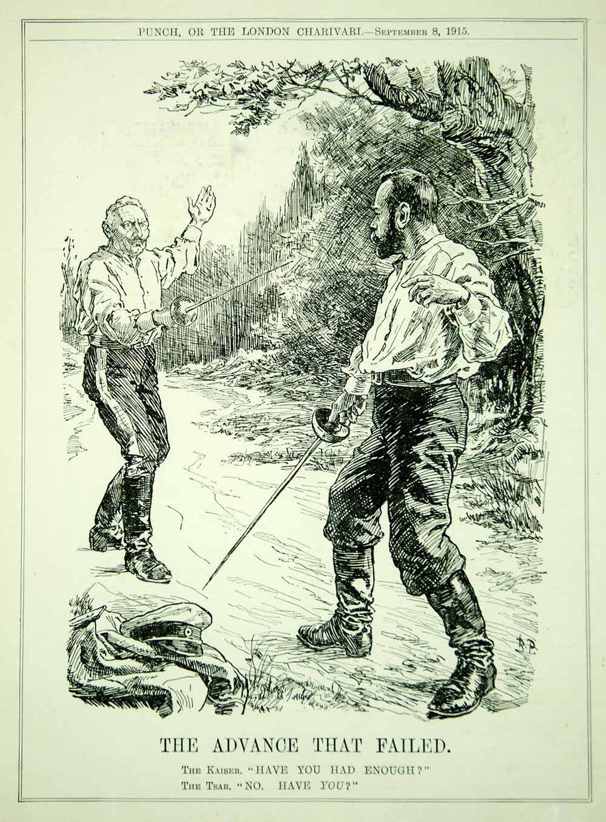 1915 Wood Engraving WWI Political Cartoon PUNCH Kaiser Tsar Sword Figh ...