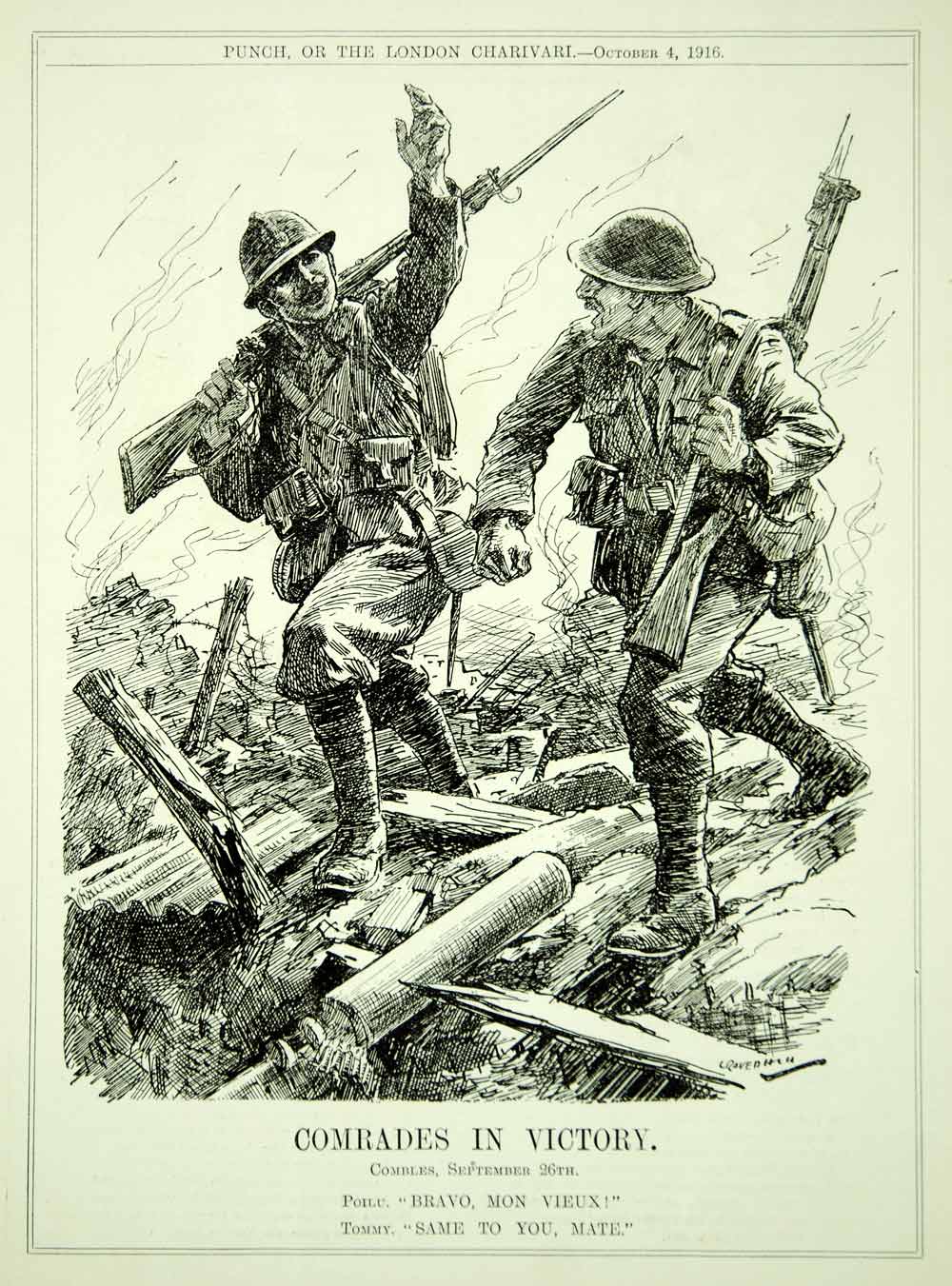 1916 Engraving WWI Cartoon PUNCH Combles Poilu Tommy British French Soldiers War