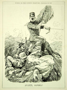 1917 Engraving WWI Cartoon PUNCH Italian Front Troops Isonzo 11th Battle Cry