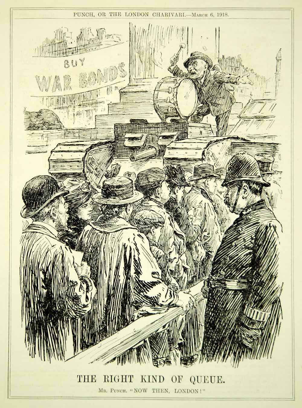 1918 Wood Engraving WWI Political Cartoon PUNCH War Bonds British Home Front