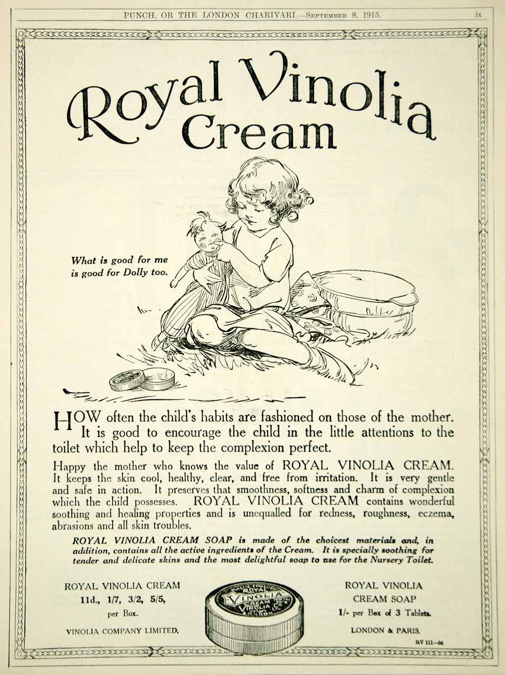1915 Ad Vintage Royal Vinolia Cream Soap Skin Care Complexion Child Doll WWI Era
