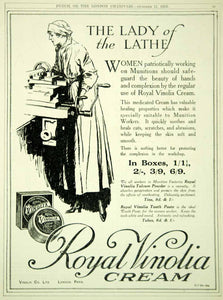 1916 Ad WWI Royal Vinolia Cream Munitionette Female War Worker Munitions Work