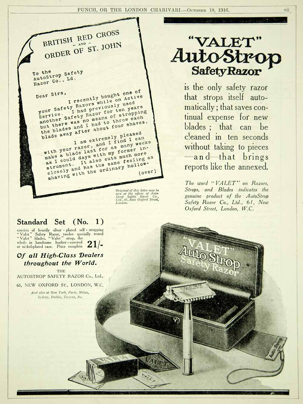 1916 Ad Vintage Valet AutoStrop Safety Razor Blade Shaving World War I Advert
