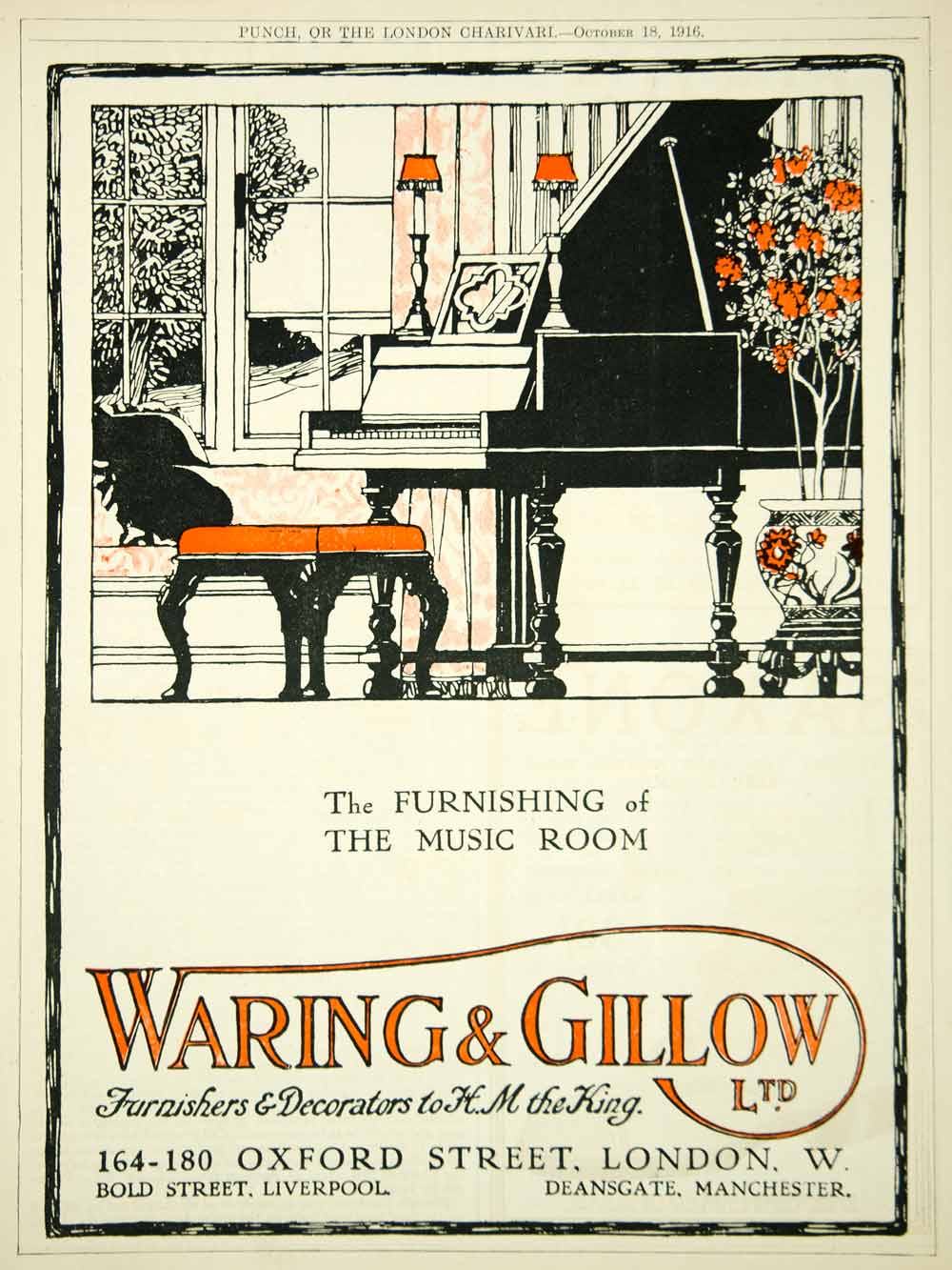 1916 Ad Vintage Waring & Gillow Music Room Furniture Grand Piano Interior Decor