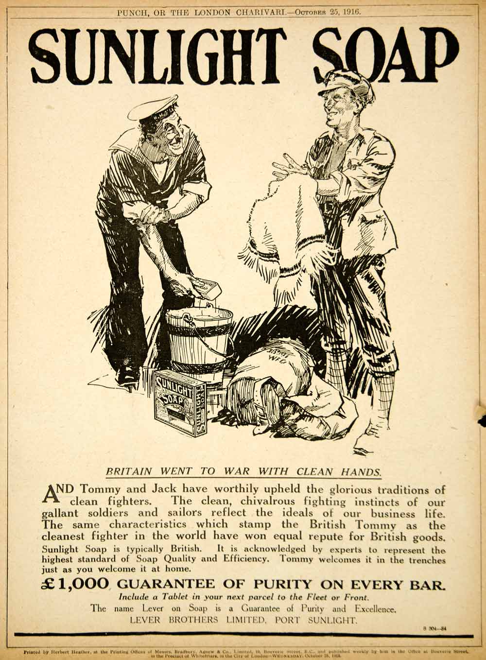 1916 Ad Vintage World War I Sunlight Soap British Seaman Jack Tar Tommy Soldier