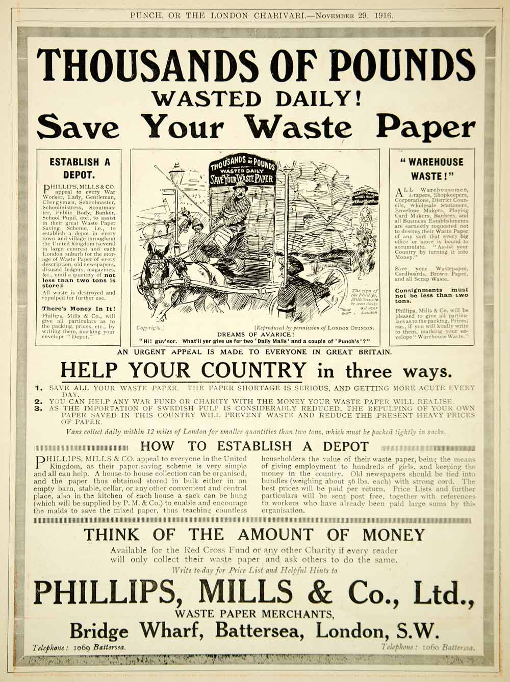 1916 Ad WWI Phillips Mills Waste Paper Recycling British Home Front War Effort