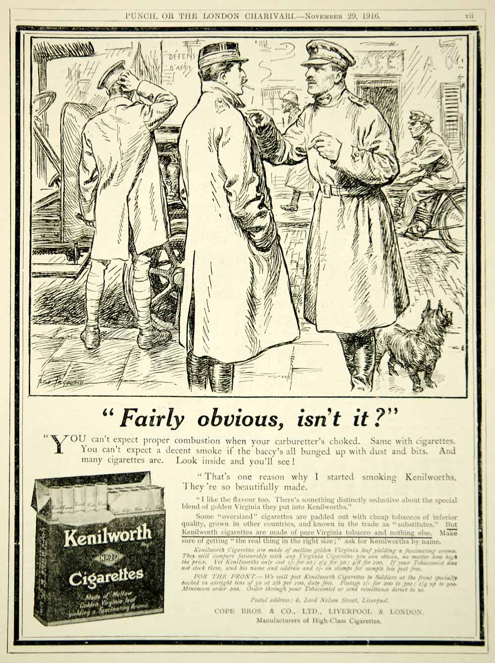 1916 Ad WWI Kenilworth Cigarette British Officer Smoking Fred Pegram Advert Art
