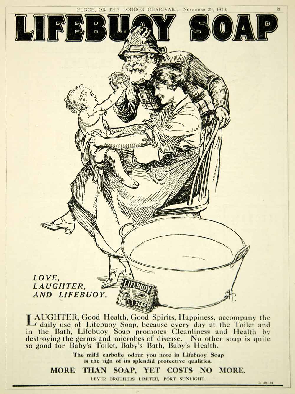1916 Ad Vintage Lifebuoy Soap Mother Baby Infant Bath Tub Lever Brothers Advert