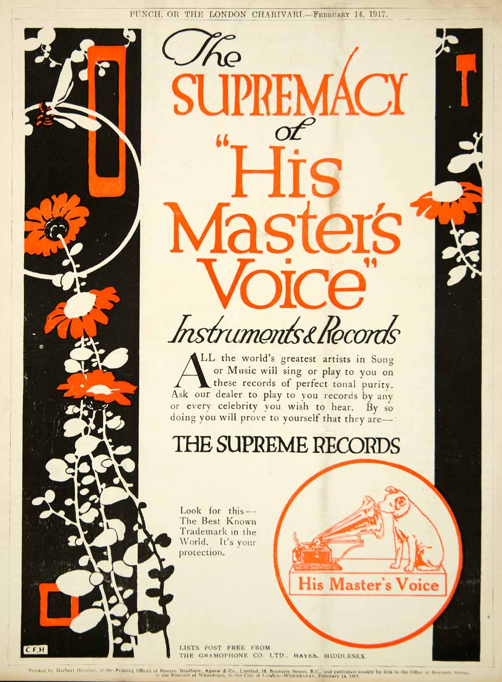 1917 Ad Vintage "His Masters Voice" Gramophone Phonograph Records Music England