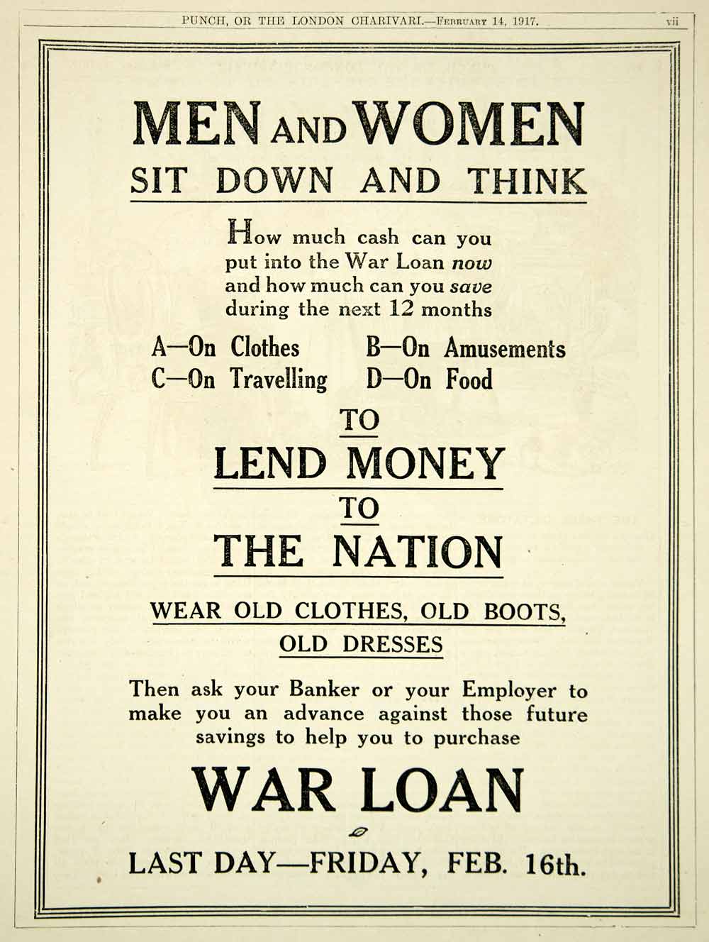 1917 Ad Vintage World War I British War Loan Home Front Wartime Britain Finance