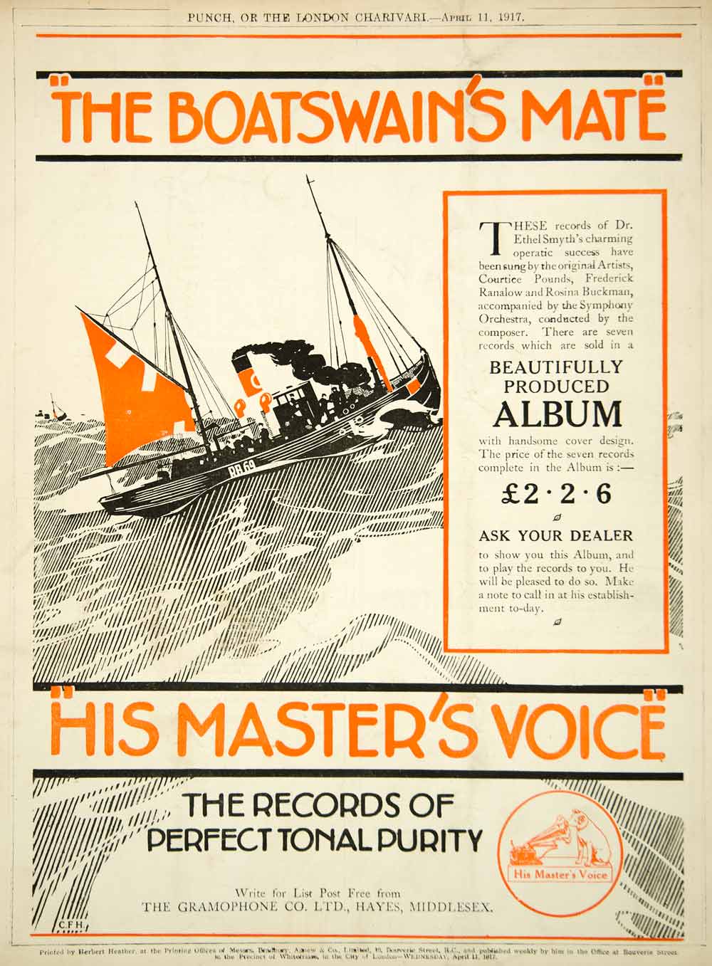 1917 Ad His Master's Voice Boatswain's Mate Opera Record Album Gramophone Music