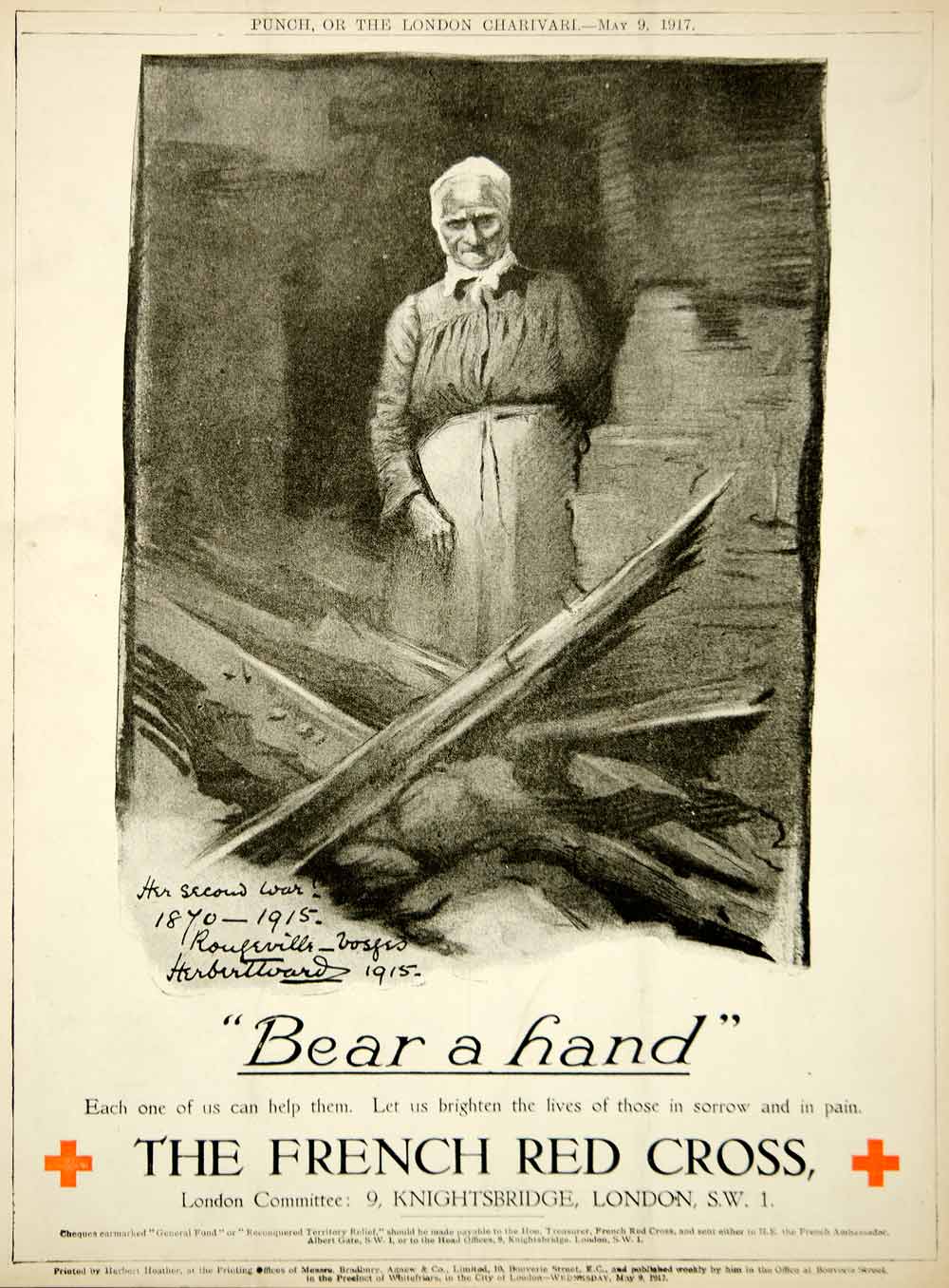 1917 Ad World War I French Red Cross Vosges France Herbert Ward Art Old Woman