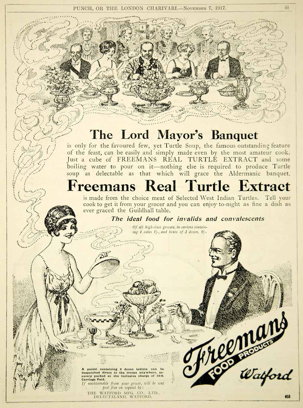 1917 Ad Freemans Real Turtle Extract Soup Lord Mayor's Banquet Watford UK Advert