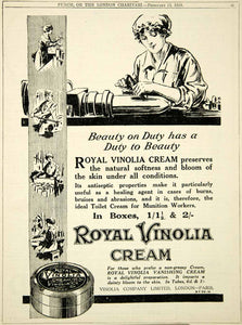 1918 Ad WWI Royal Vinolia Cream Munitionette Female War Worker Munitions Work