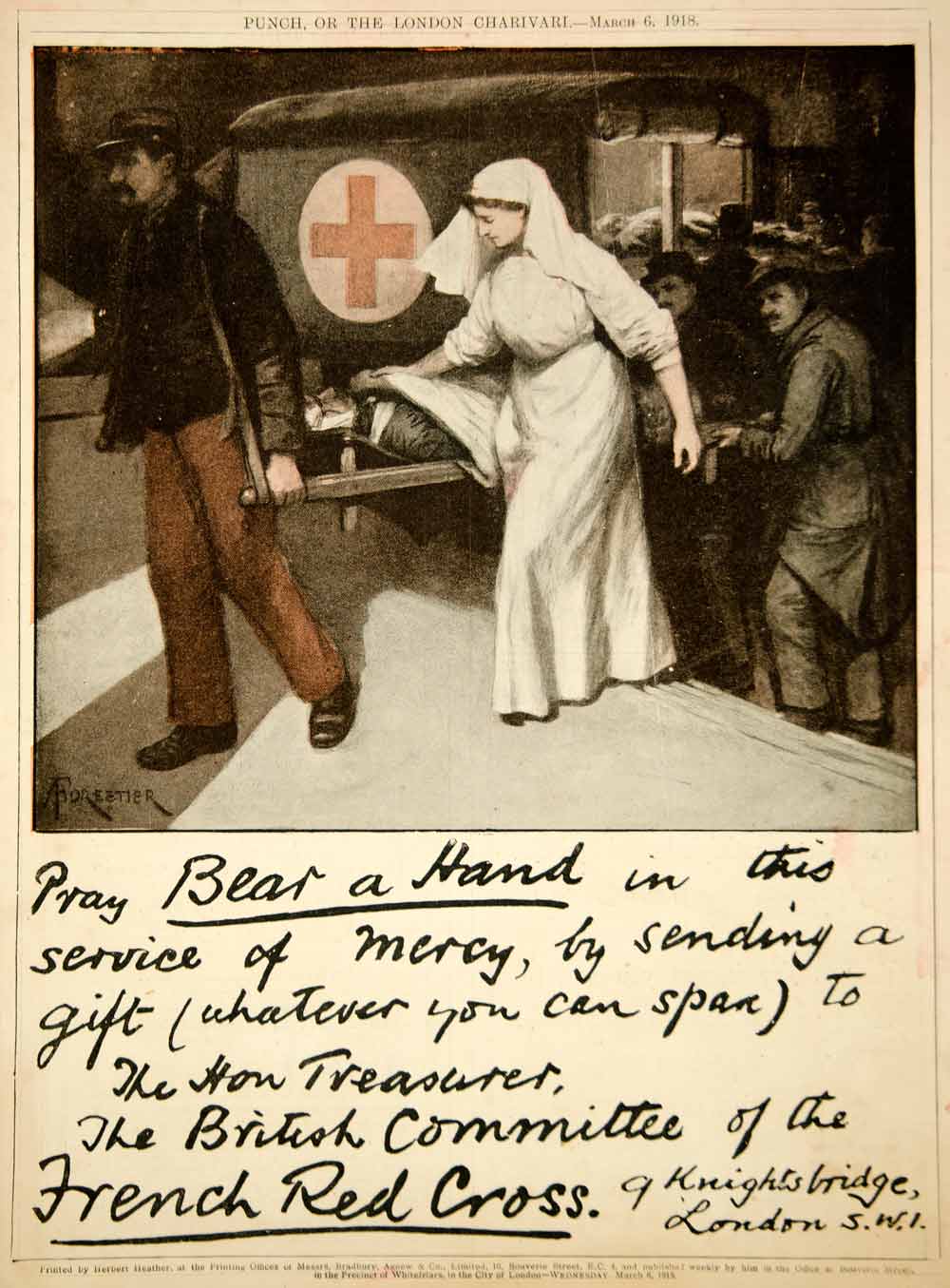 1918 Ad World War I French Red Cross Nurse Ambulance Wounded Amedee Forestier