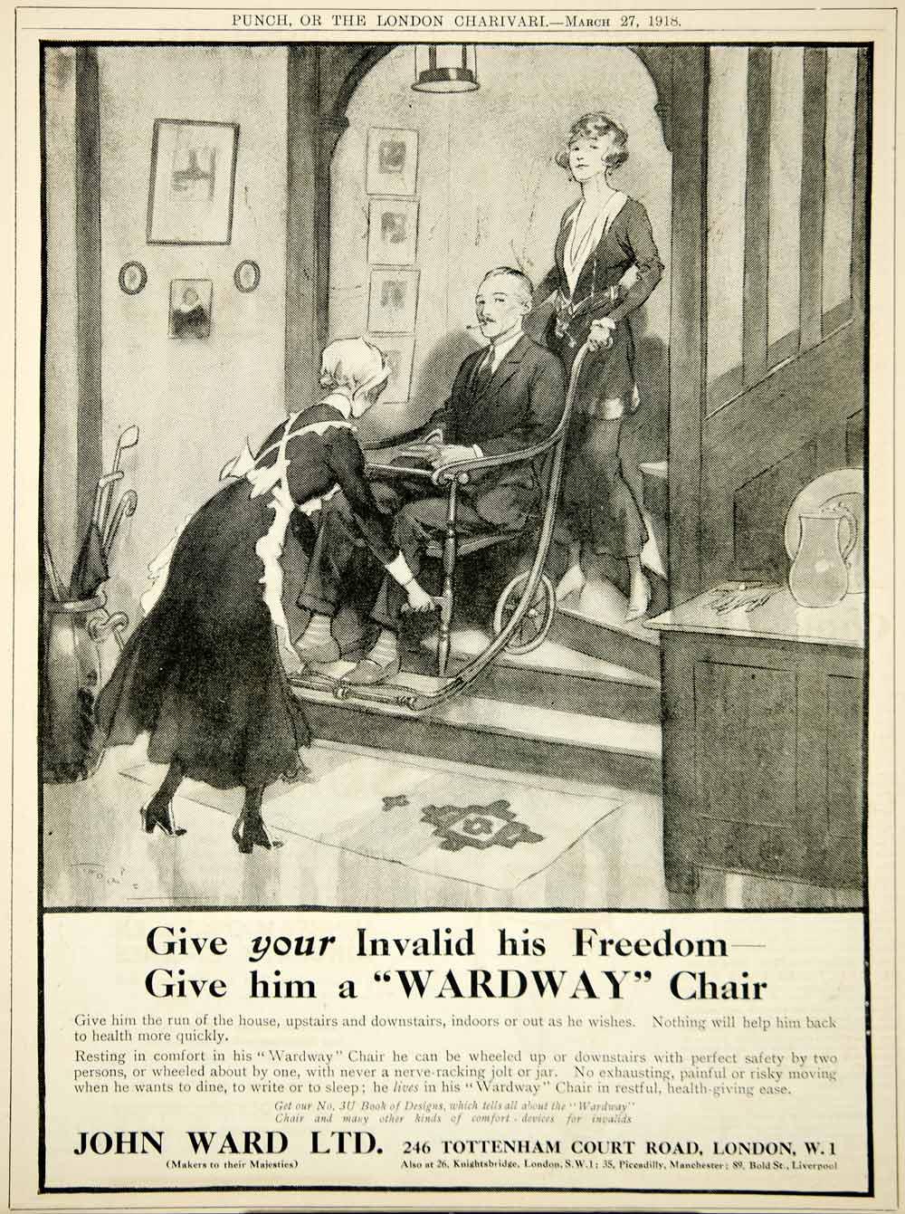 1918 Ad Antique Wardway Invalid Chair Wheelchair Stairs Disabled John Ward Ltd.