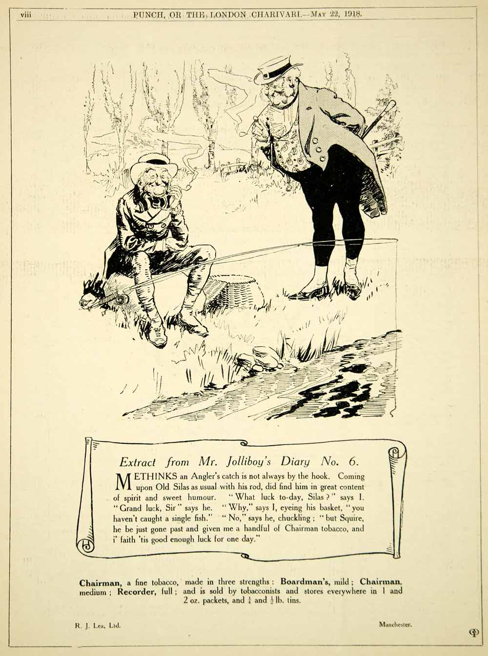 1918 Ad Vintage R. J. Lea Chairman Tobacco Pipe Smoking Fisherman Angler Advert