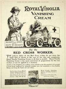 1918 Ad WWI Royal Vinolia Vanishing Cream Red Cross Worker Nurse Ambulance Truck