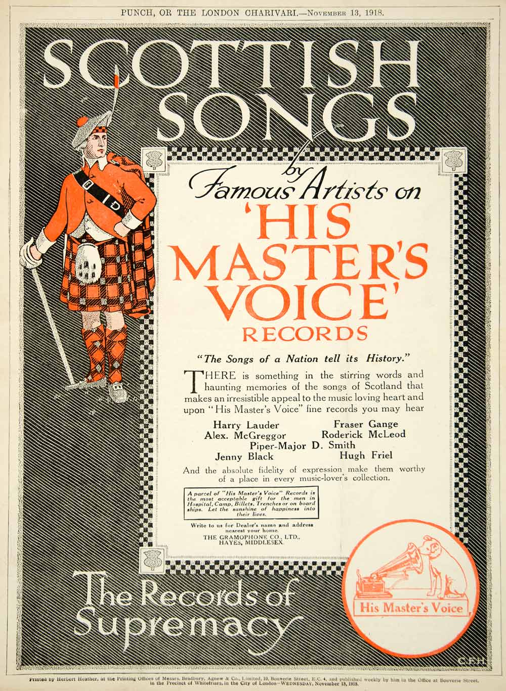1918 Ad His Master's Voice Phonograph Records Scottish Songs Music Scotsman Kilt