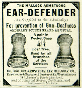 1915 Ad Vintage World War I Mallock-Armstrong Ear-Defender Gun Deafness Advert