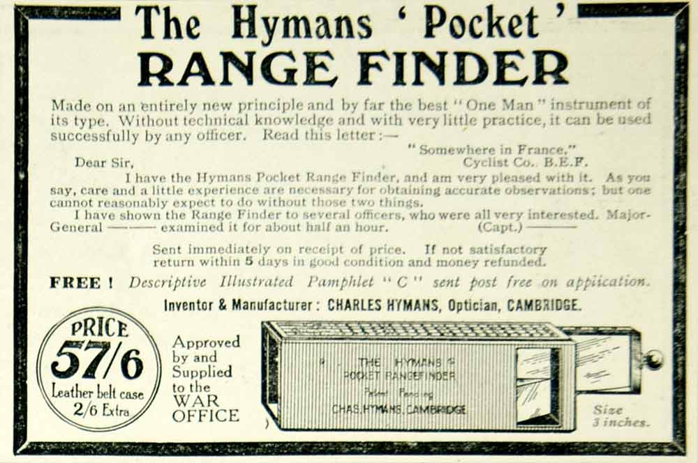1915 Ad World War I Charles Hymans Pocket Range Finder Optical Instrument Advert
