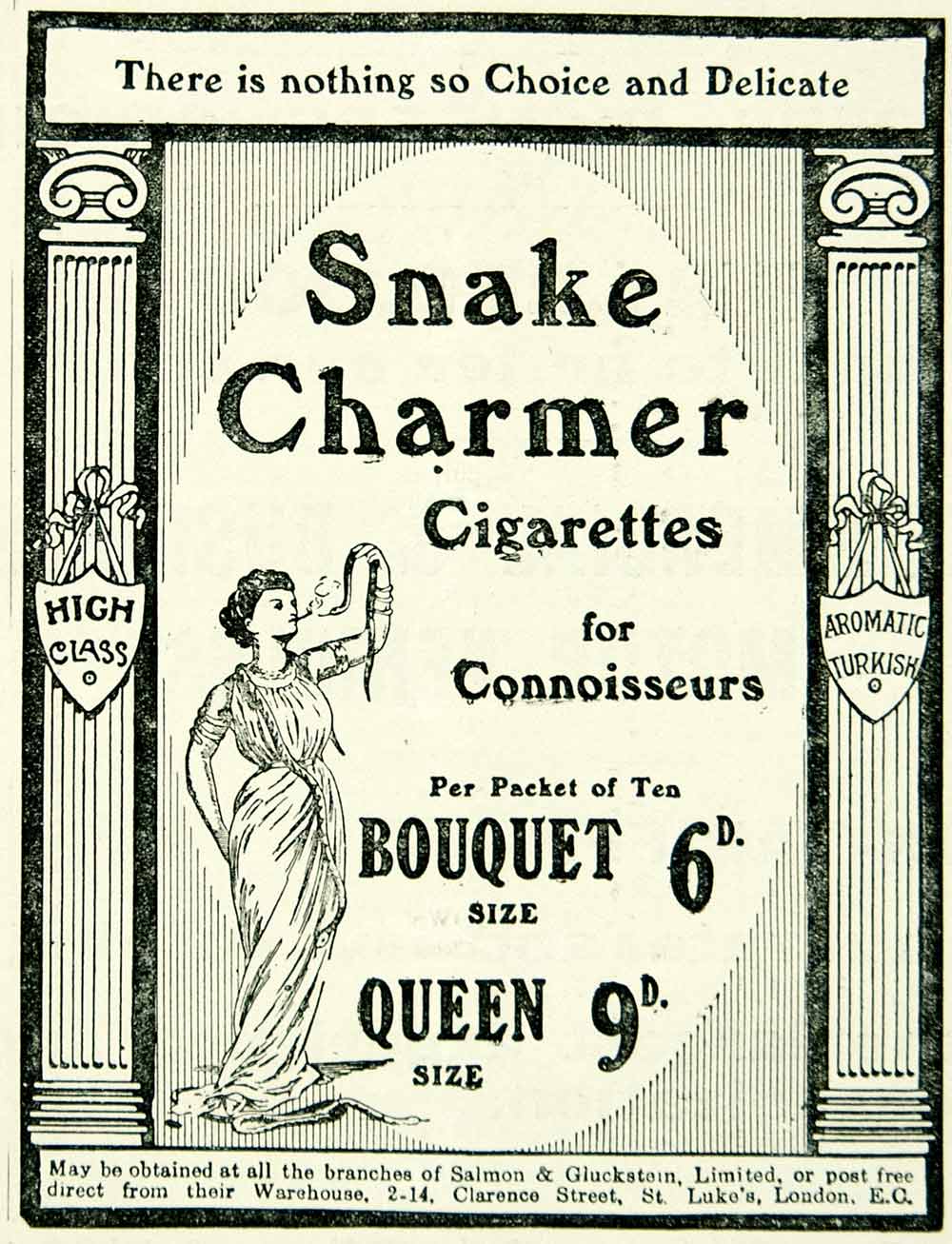 1915 Ad Vintage Snake Charmer Cigarettes Salmon & Gluckstein British Tobacconist
