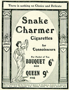 1915 Ad Vintage Snake Charmer Cigarettes Salmon & Gluckstein British Tobacconist