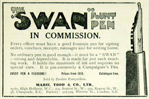 1915 Ad Vintage WWI Swan Fountain Pen Mabie Todd & Co. Writing British Advert