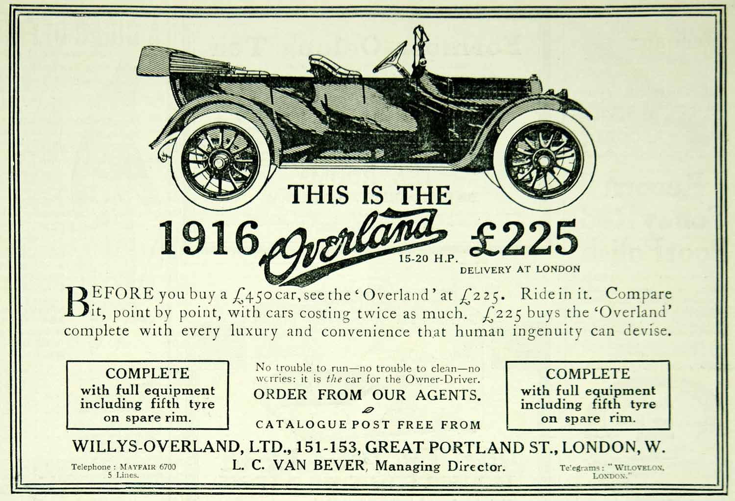 1915 Ad Vintage 1916 Overland Touring Car British Auto Willys-Overland Advert