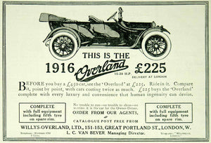 1915 Ad Vintage 1916 Overland Touring Car British Auto Willys-Overland Advert