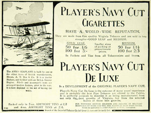 1915 Ad Player's Navy Cut Cigarettes Tobacco World War I Avro Seaplane Biplane