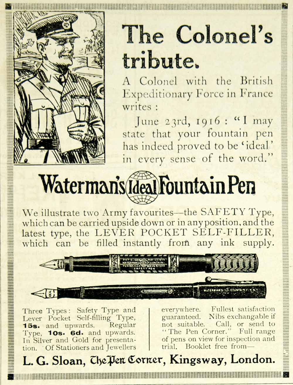 1916 Ad Vintage World War I Waterman's Ideal Fountain Pen British Colonel Advert