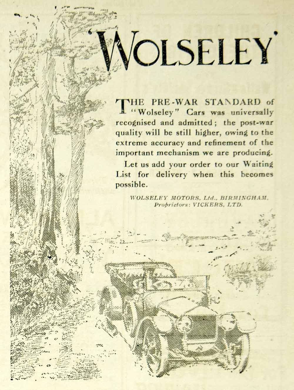 1916 Ad Vintage Wolseley Automobile Touring Car British Auto WWI Wartime Advert