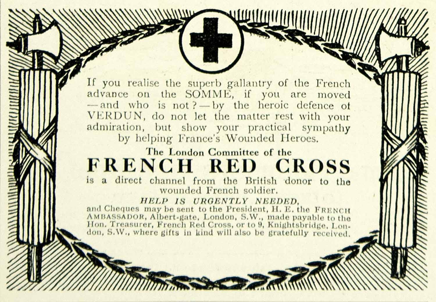 1916 Ad Vintage World War I French Red Cross British Donations Wartime Advert