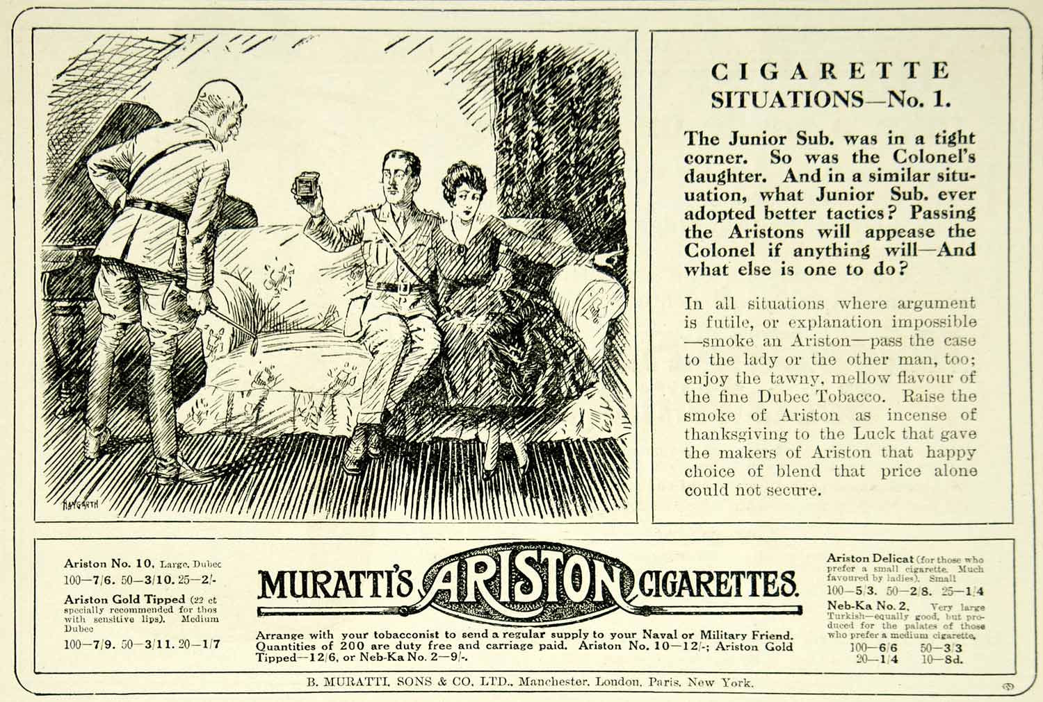 muratti ariston cigarettes 1916 Ad Vintage World War I Muratti's Ariston Cigarettes Officers Brit –  Period Paper Historic Art LLC