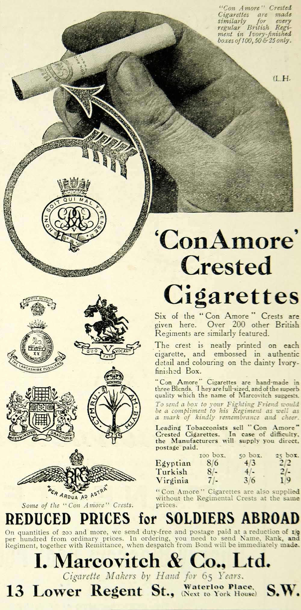 1916 Ad Vintage WWI Con Amore Crested Cigarettes British Regiments I. –  Period Paper Historic Art LLC