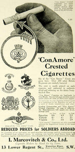 1916 Ad Vintage WWI Con Amore Crested Cigarettes British Regiments I. Marcovitch